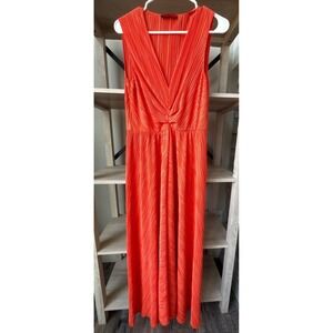 MAX&Co. Orange Pleated Midi Dress, Front Slit, Sleeveless V-Neck, Approx. Medium